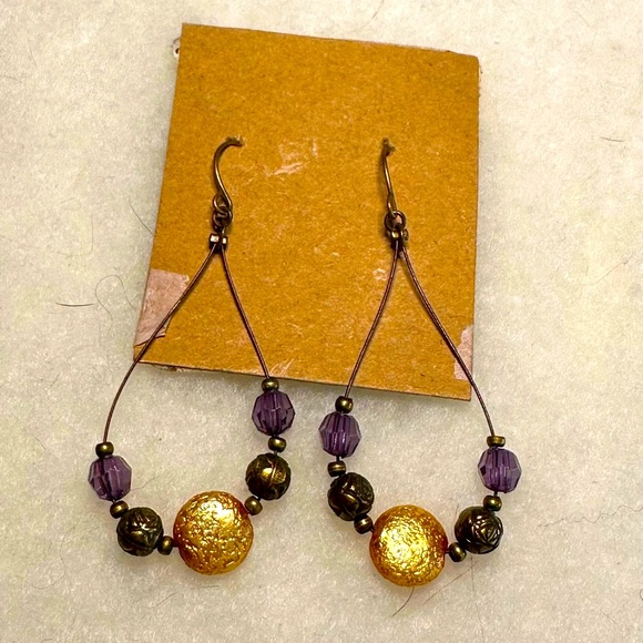 Gold + Plum Open Hoop Beaded Earrings - Picture 1 of 5